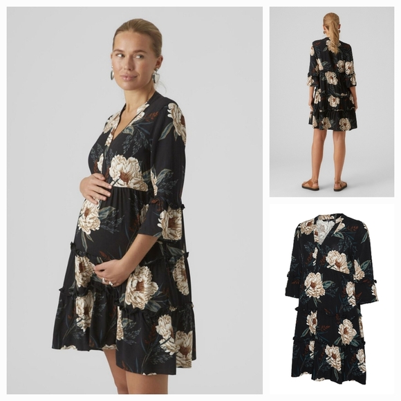 Vero Moda stylish Maternity dress in black and white floral print Size XS NEW - Picture 1 of 13